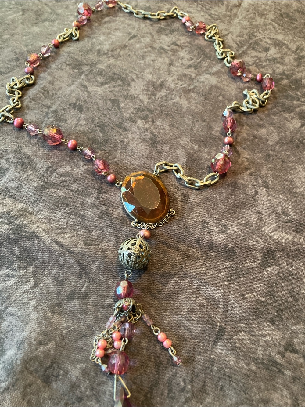 Pink/Purple Faceted Tassel Pendant Necklace - Vintage-Inspired